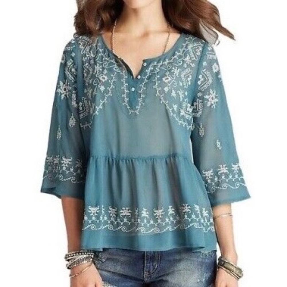 FP | Pennies Sequel Teal Sheer Embroidered Floral Sheer Peplum Popover Blouse